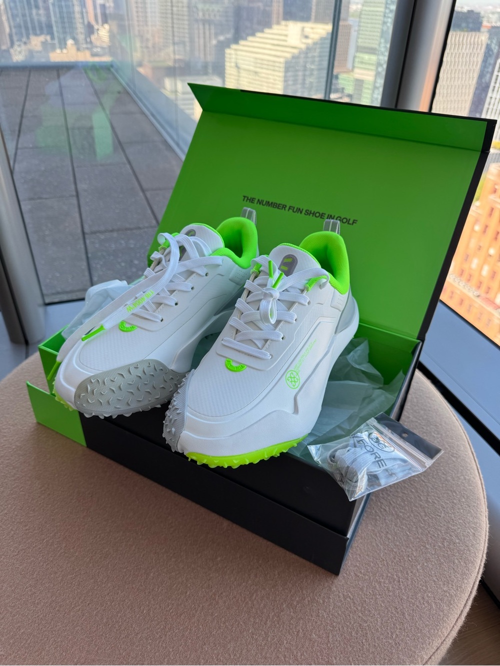 G/FORE White Golf Sneakers with Neon Green Accents